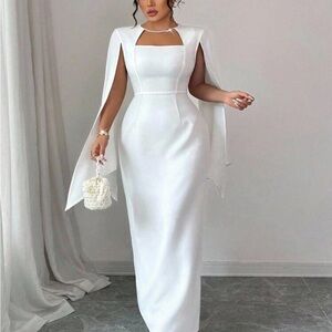 White Long-Sleeve Square-Neck Dress